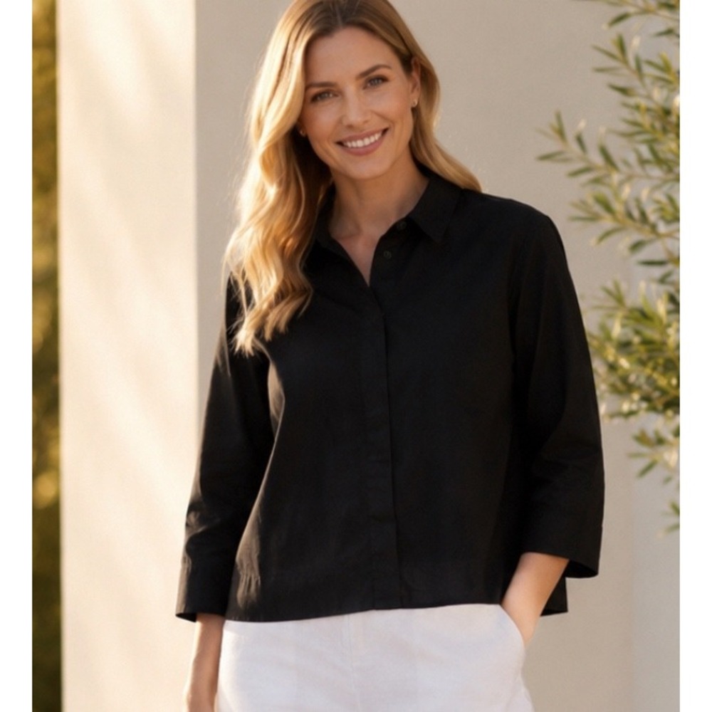 Newport News Easy Style Black Cotton Snap Front Boxy Crop Minimalist Top 12 EUC